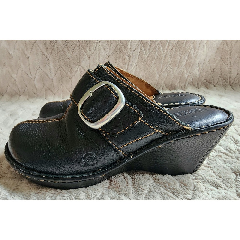 Born Black Pebbled Leather Buckle Wedge Clogs Mules Womens 39